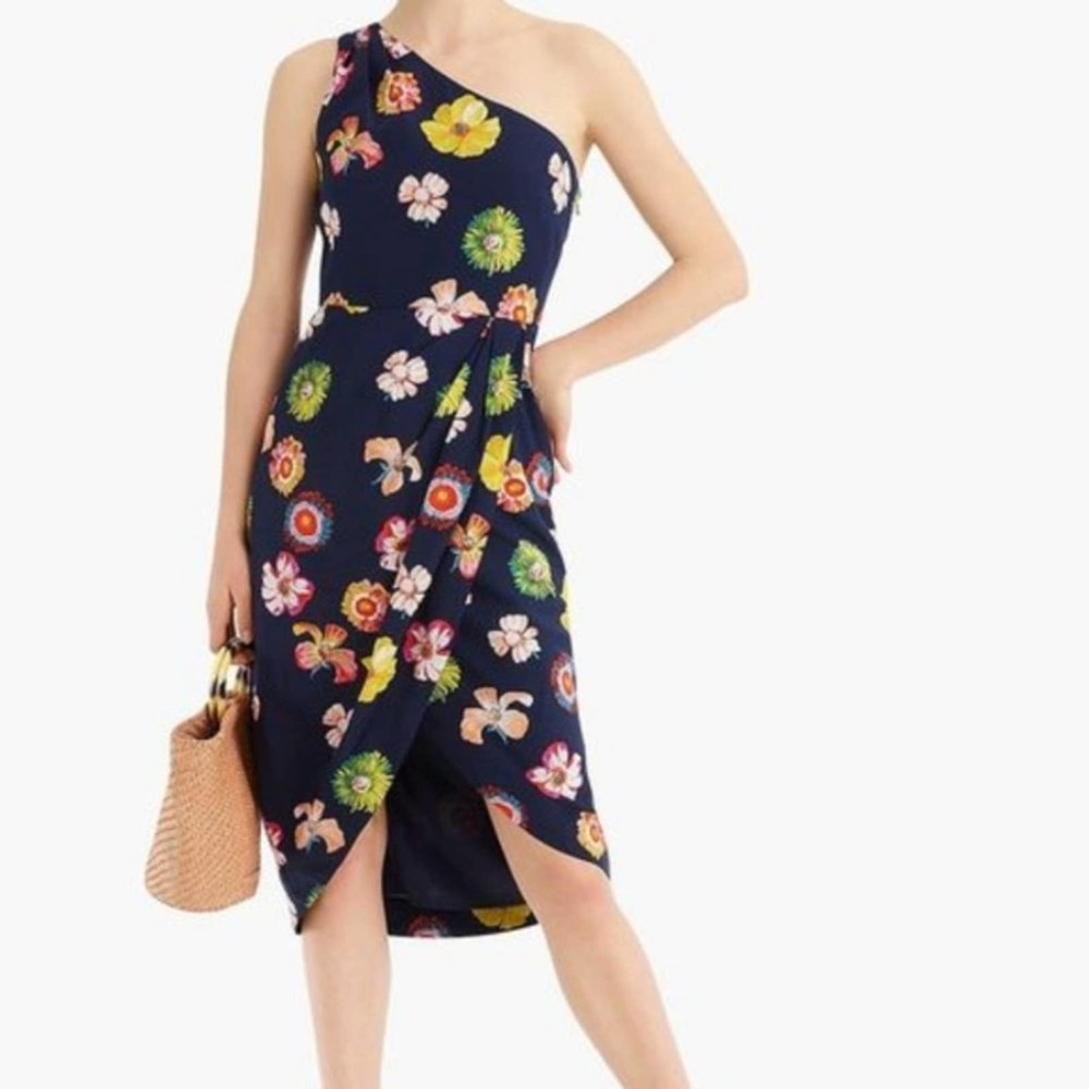 J. Crew Silk Floral Print One Shoulder Dress Size 0 Navy Blue Faux Wrap Lined